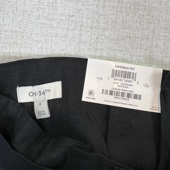 ON 34th Paperbag Pants Women's 8 Black Linen Blend Cropped High Rise NWT - Picture 3 of 10